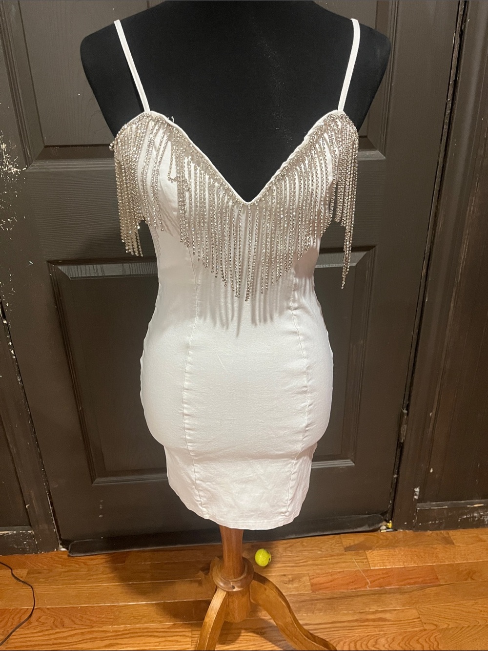 Papaya White Fringe-Trim Spaghetti Strap Bodycon Mini Dress